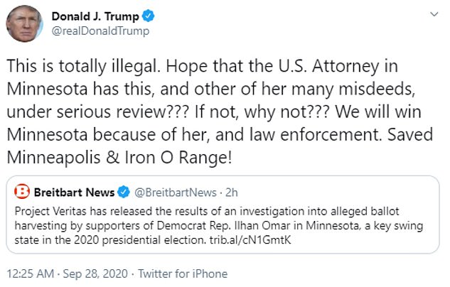 'This is completely illegal,' the president tweeted on Monday.  ‘I believe this and many of his misdeeds are under serious scrutiny for the American lawyer in Minnesota ???  If not, why not ???  '