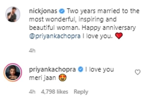 Fantastic: When Nick shared scenes from their stunning weddings in 2018, he wrote: ‘Two years of being married to the most amazing, inspiring and beautiful woman.  Happy Anniversary Priyanka Chopra I Love You.  .