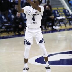 BYU guard Brandon Avert (4) presented a shot from the 3-point range during the Cookers' 87-71 victory over Texas Southern at the Marriott Center in Provo on Monday, December 21, 2020.