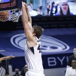 BYU center Richard Harvard (42) throws the ball during the Cookers' 87-71 victory over Texas Southern at the Marriott Center in Provo on Monday, December 21, 2020.