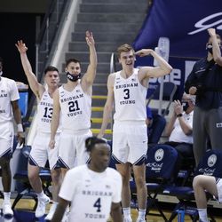 Celebrates BYU's bench defenses during the Cooks' 87-71 victory over Texas Southern at the Marriott Center in Provo on Monday, December 21, 2020.