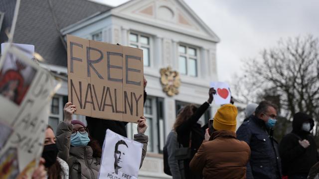 Protesters plead for Navalny's release during a demonstration outside the Russian Embassy in The Hague.