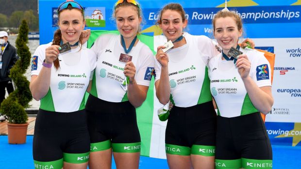Silver medals were won by Ivrik Keogh, Emer Lambi, Fiona Mortag and Emily Hegarty of Ireland after placing second in the women's quartet final at the European Rowing Championship in Varese, Italy on Sunday.  Photo: Detlev Seib / Info