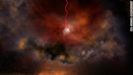 The artist's illustration shows a neutron star with an ultra-strong magnetic field called a magnetar, which emits radio waves (in red). 