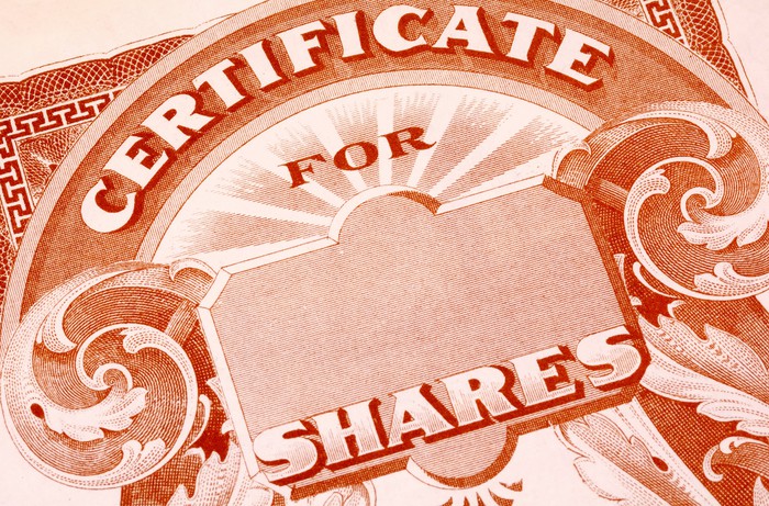 A paper certificate for shares of publicly traded stock. 