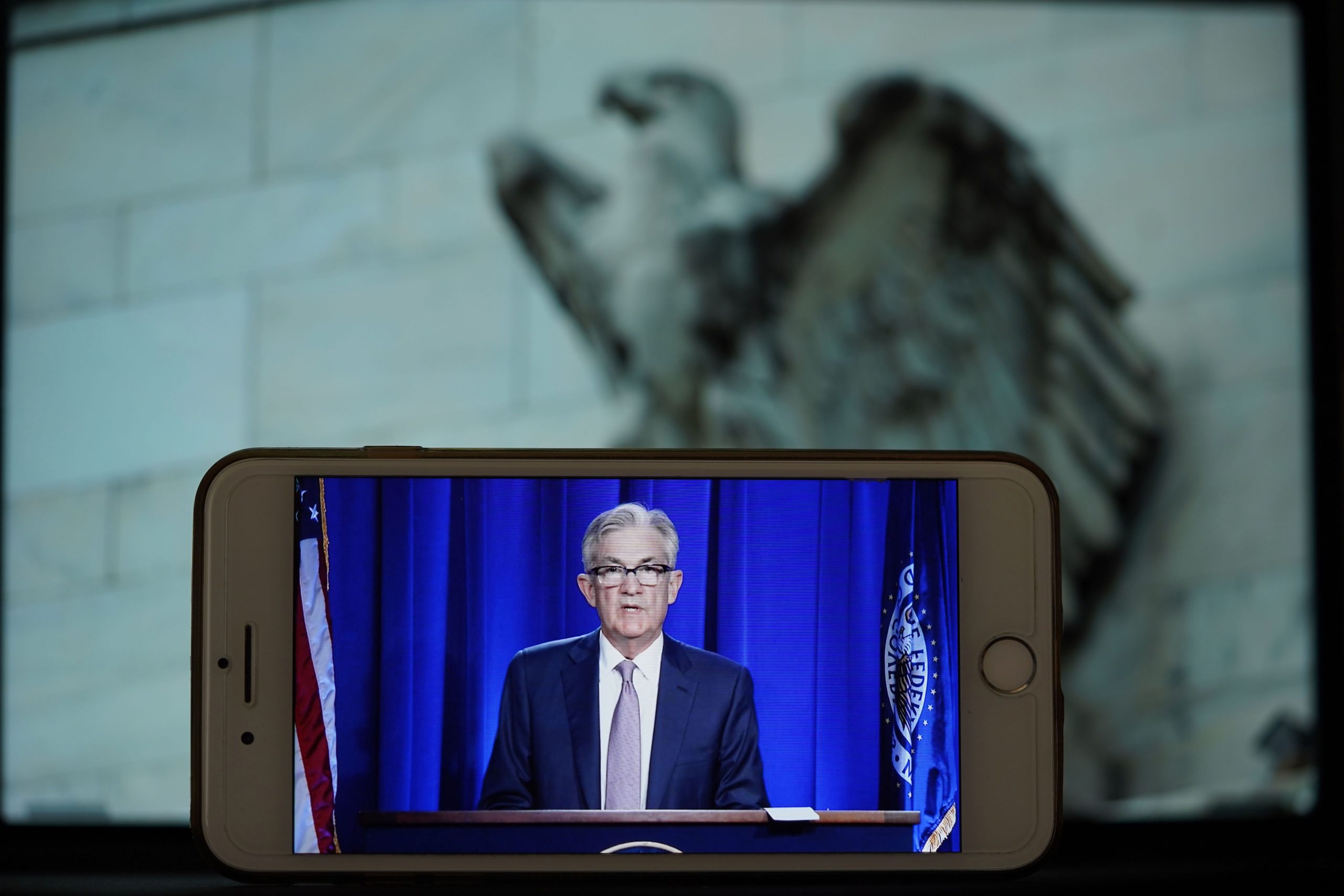 WASHINGTON, June 10, 2020 -- Photo taken on June 10, 2020 shows the live broadcast of U.S. Federal Reserve Chairman Jerome Powell's address during a press conference in Washington D.C., the United States. The U.S. Federal Reserve on Wednesday kept its benchmark interest rate unchanged at the record-low level of near zero amid mounting fallout from the COVID-19-induced recession, and projected interest rates to remain at the current level through at least 2022. (Photo by Liu Jie/Xinhua via Getty) (Xinhua/Liu Jie via Getty Images)