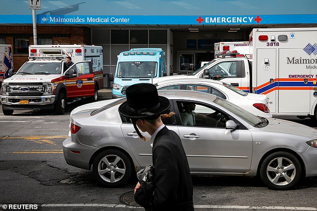 Ambulance parades outside Maimonides Medical Center in Borough Park