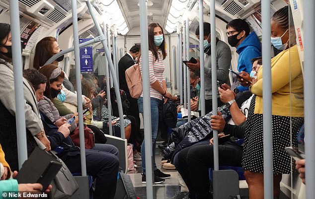 Excessive use of masks could act as a 'vaccine' against the corona virus, scientists say (Image: Passengers wearing masks in the London Underground yesterday)