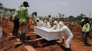 September 23, 2020 Workers wearing Hazmat cases bury the coffin of a man who died of the corona virus in Jakarta, Indonesia