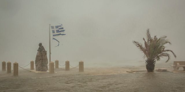 On Friday, September 18, 2020, seawater covered a road from the crashing waves at the port of Argostoli on the Ionian island of Kefalonia in western Greece.