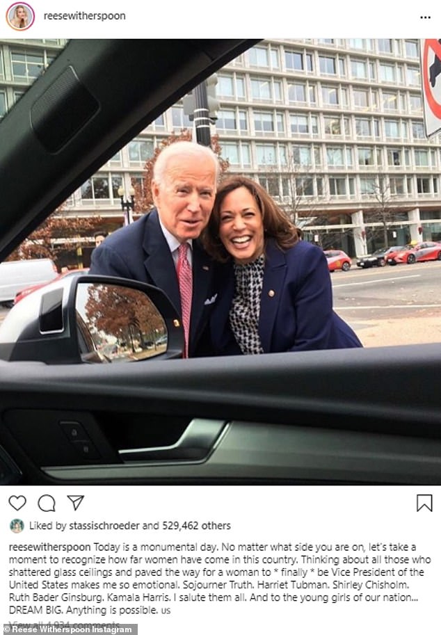 Nothing is possible: Actress Reese Witherspoon shared a photo of Biden and Harris, which she called a 'Memorial Day'.