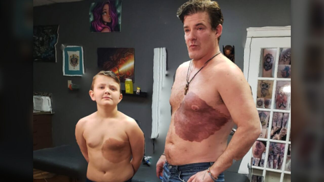 Dad gets a big tattoo on his chest that resembles his son's birth sign