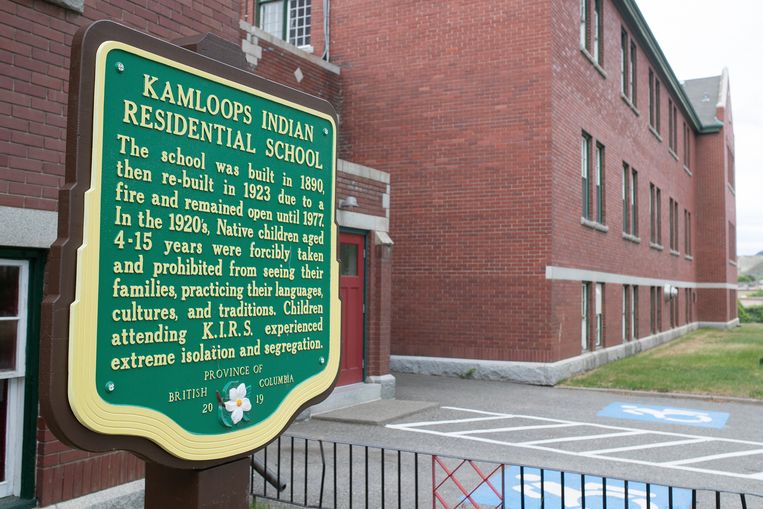 A plaque at the former Kamloops Catholic Residential School.  AP Image