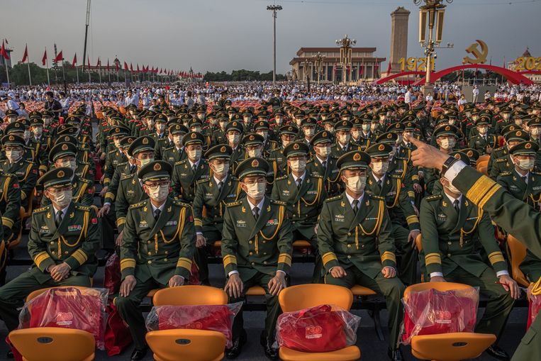 Chinese soldiers wait in Tiananmen Square for their parade tower.  EPA Image