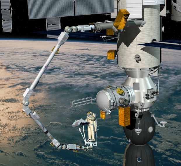 Impression of the European robotic arm ERA, attached to the Russian Nauka