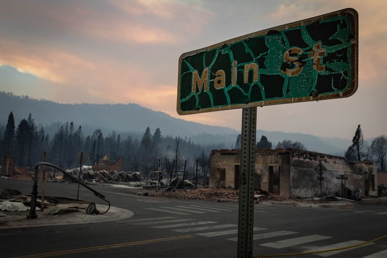 In Greenville, California, the street sign is one of the few items that survived violent fires.  Image Getty Images