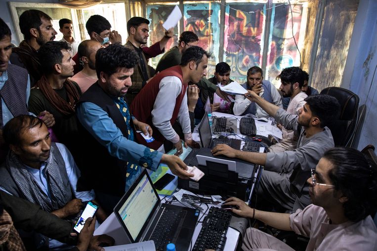 Afghans who have worked in the United States are trying to apply for a visa at an online hotel in Kabul.  Image Getty Images