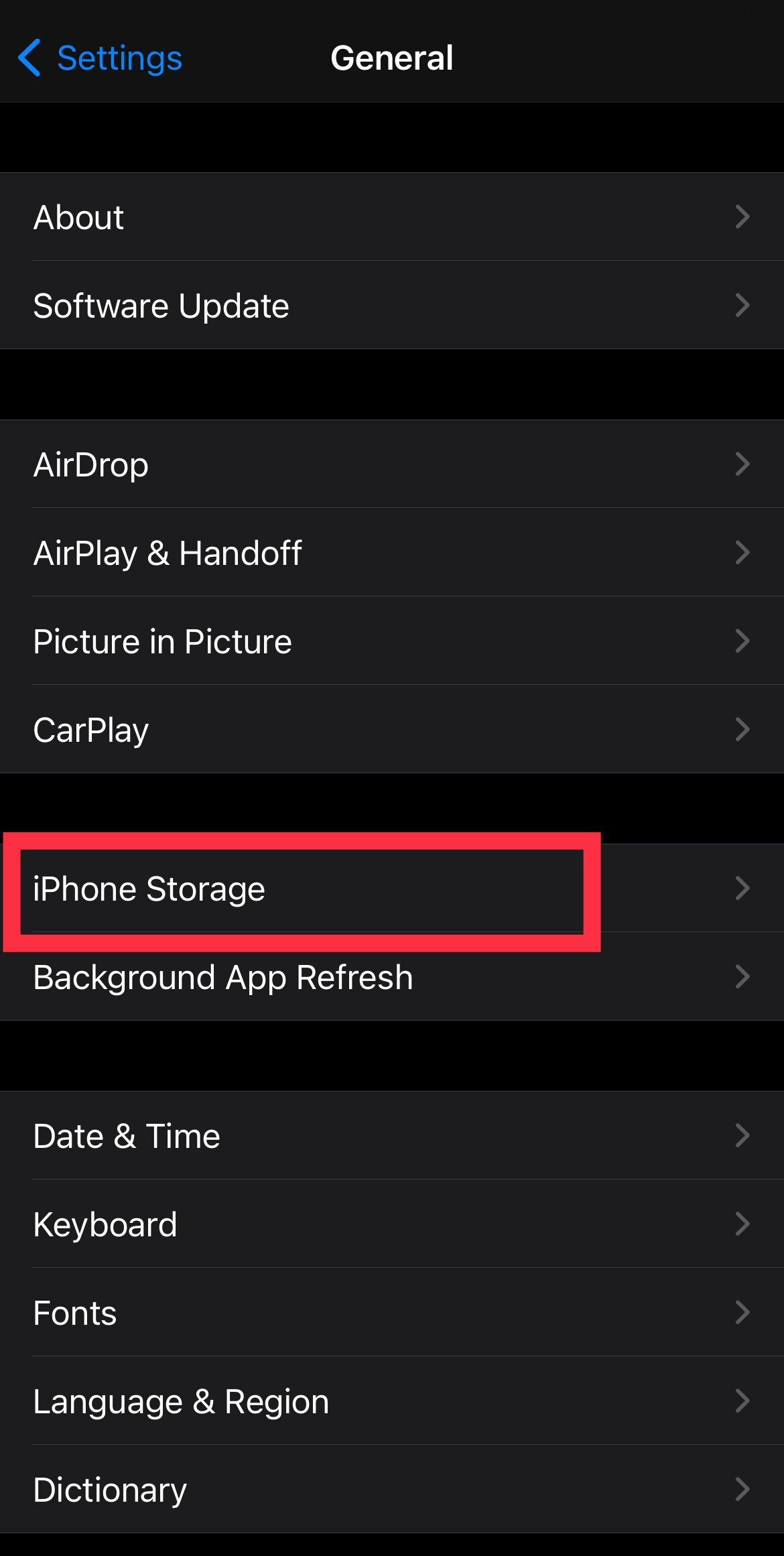 IPhone storage in settings