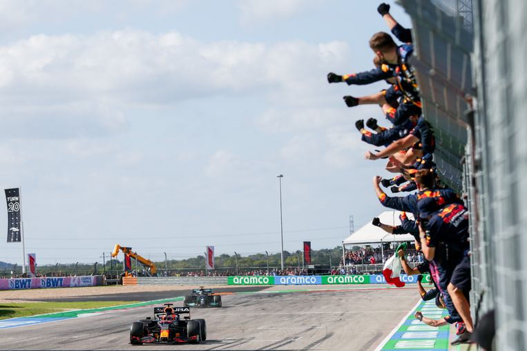 Max Verstappen is the first to cross the finish line of the Circuit of the Americas in Texas.  Image Getty Images