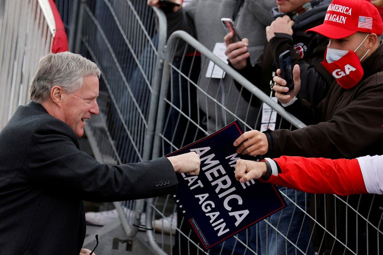 Mark Meadows waves to supporters of his boss President Donald Trump at a rally in 2020. Image REUTERS