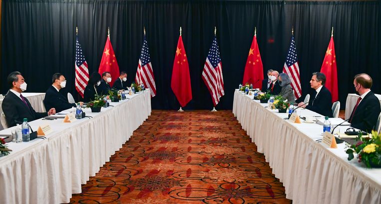Chinese (left) and US delegates face each other during the opening session of US-China talks at the Captain Cook Hotel in Anchorage, Alaska.  Image AP
