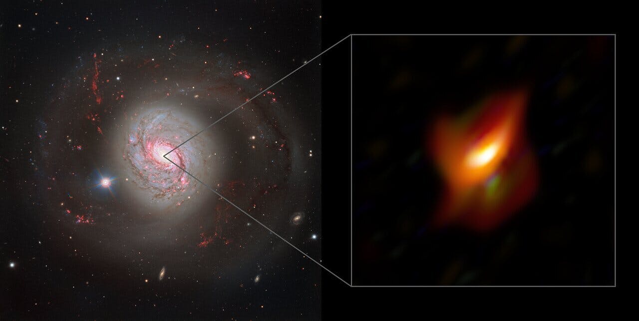 The left panel of this image shows a dazzling view of the active galaxy Messier 77 captured with the FOcal Reducer and Low Dispersion Spectrograph 2 (FORS2) instrument on ESO's Very Large Telescope.  The right panel shows a magnified view of the very inner region of this galaxy, its active galactic nucleus, as seen with the MATISSE instrument on ESO's Very Large Telescope Interferometer.