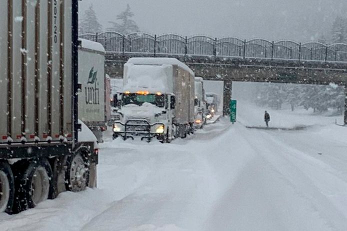 Trucks are stuck in the snow along the highway.