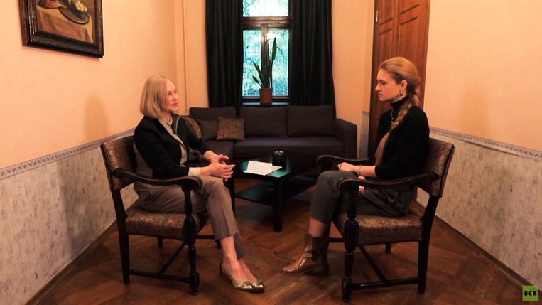 Elena Branson (left) was interviewed on the Russian propaganda channel RT Image Twitter last October.