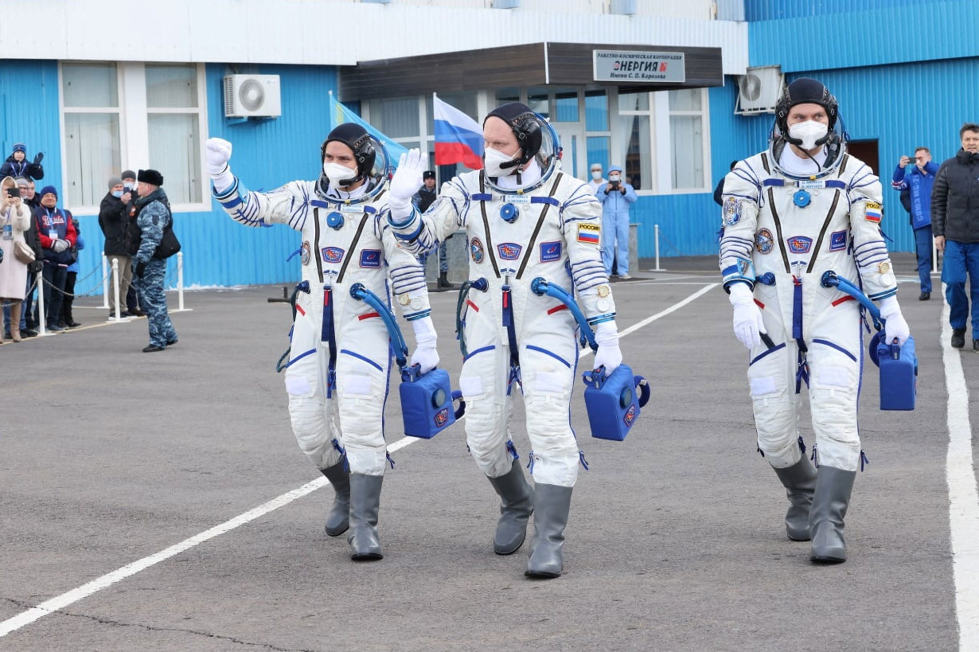 The three Russian cosmonauts before their departure., Reuters