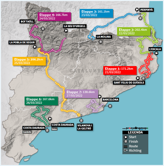 Map with the stages of the Tour of Catalonia 2022 with distance and date
