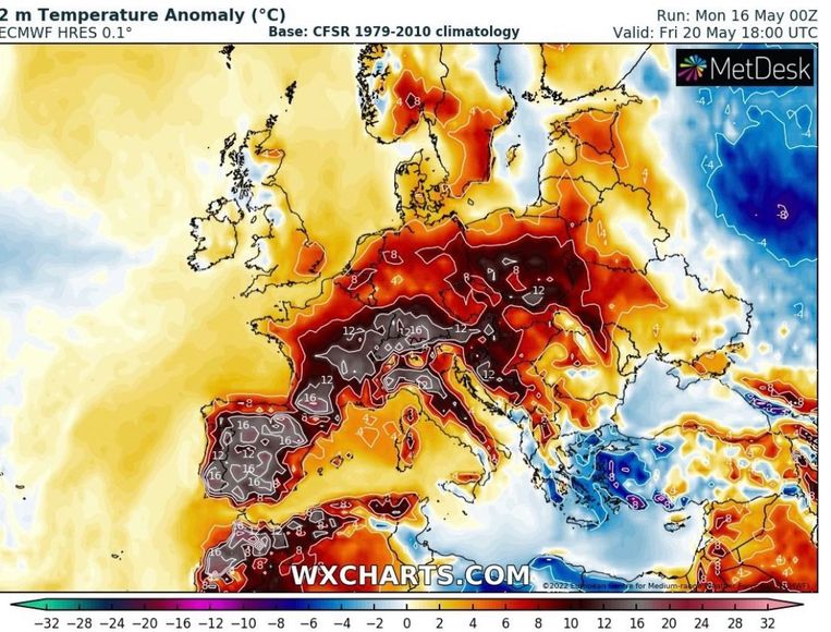 Unusually high temperatures hit Western Europe.  Image WXCharts