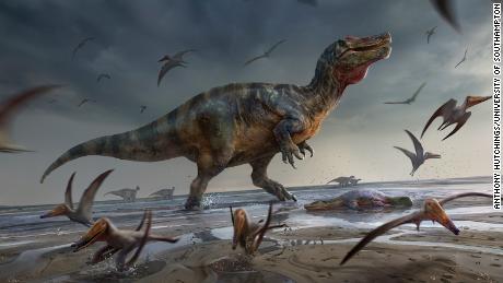 This illustration shows the terrifying spinosaurid from the Isle of Wight as it came to life.