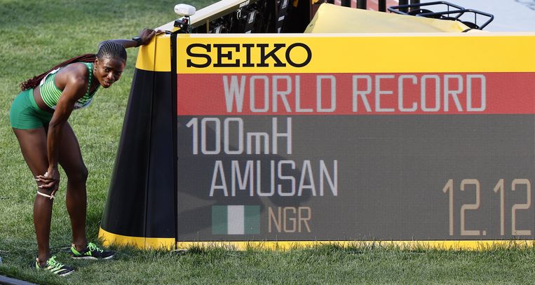 Nigerian Tobi Amusan signs with her new world record.  ANP/EPA picture