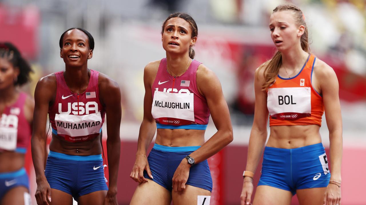 Dalilah Muhammad, Sydney McLaughlin and Femke Bol after the Olympic final in Tokyo.