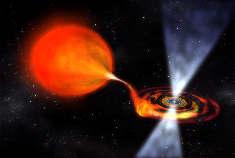 A computer drawing of a pulsar (right) slowly munching away material from its partner star (left) NASA Image/Dana Berry