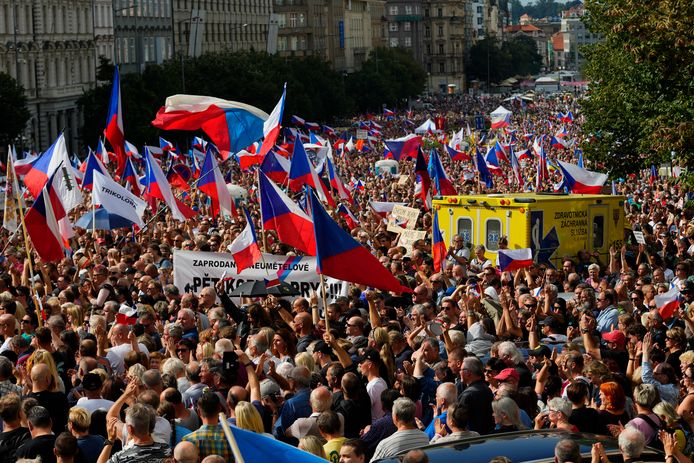 Thousands of demonstrators in Prague, the Czech capital, gather in Wencesla Square to protest against the government.