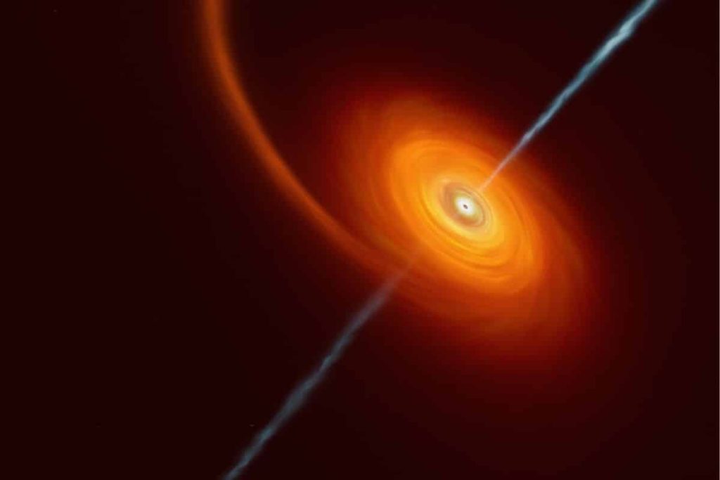 The black hole devours the star and spits out the remains (back to Earth)